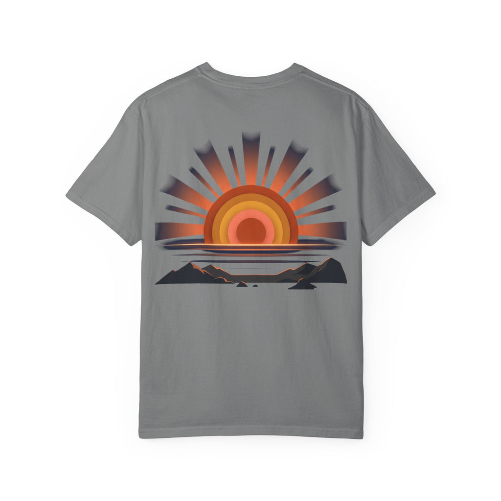 Sunrise Coast T-Shirt — Retro Sunset Graphic Tee with Mountains