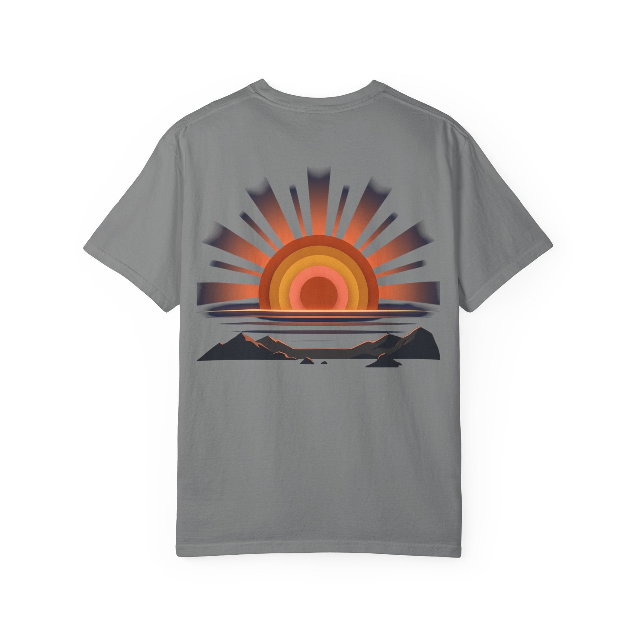 Sunrise Coast T-Shirt — Retro Sunset Graphic Tee with Mountains