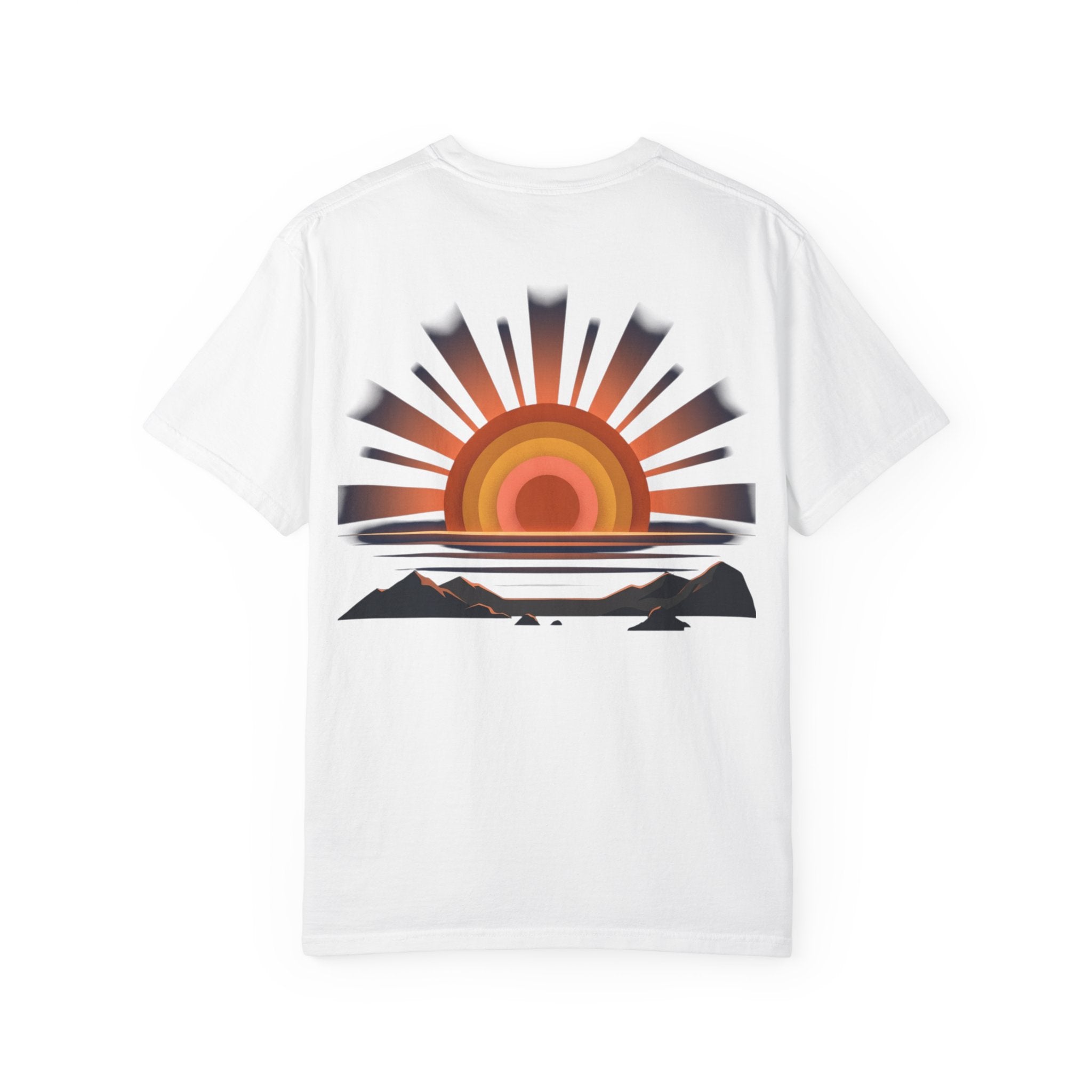 Sunrise Coast T-Shirt — Retro Sunset Graphic Tee with Mountains